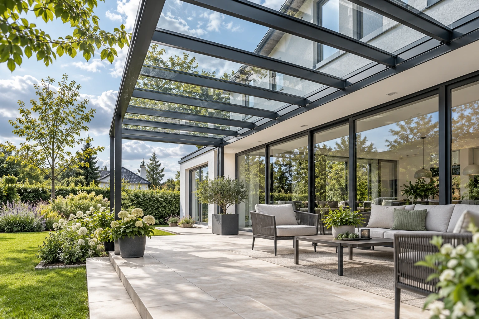 Beispielmotiv einer modernen Terrasse mit klarem Glasdach und großen Fenstern